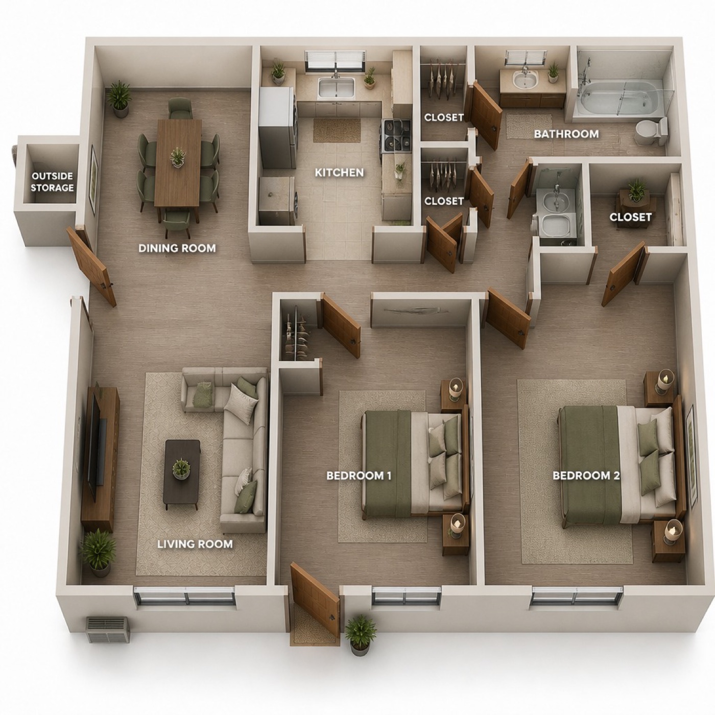 Two bedroom floor plan rendering